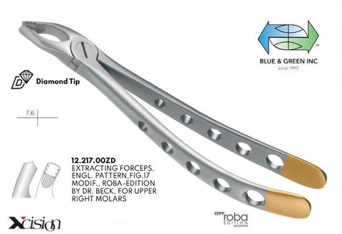 Roba Extraction Forceps, Upper Right Molars & Wisdom, Diamond Tip (12.217.00ZD) Forceps - Blue & Green Inc.