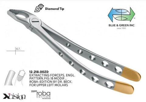 Roba Extraction Forceps, Upper Left Molars & Wisdom, Diamond Tip (12.218.00ZD) Forceps - Blue & Green Inc.