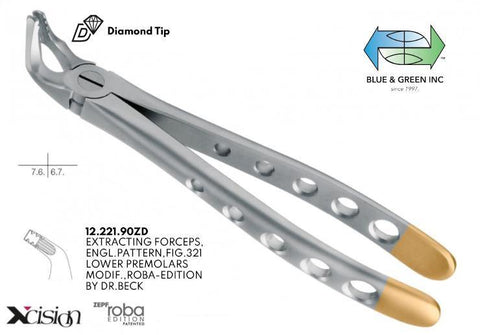 Roba Extraction Forceps, Lower Premolars, Diamond Tip (12.221.90ZD) Forceps - Blue & Green Inc.