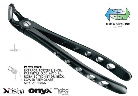Onyx Roba Extraction Forceps, Lower Pre Molars, Special Beaks (12.221.90ZTI) Forceps - Blue & Green Inc.