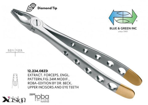 Roba Extraction Forceps, Upper Incisors and Eye Teeth, Diamond Tip (12.234.08ZD) Forceps - Blue & Green Inc.