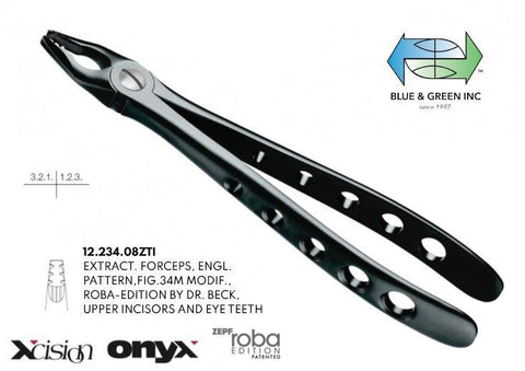 Roba Extraction Forceps, Upper Incisors and Eye Teeth, Onyx Coat (12.234.08ZTI) Forceps - Blue & Green Inc.