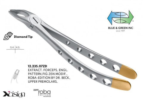 Roba Extraction Forceps, Upper Premolars, Diamond Tip (12.235.07ZD) Forceps - Blue & Green Inc.
