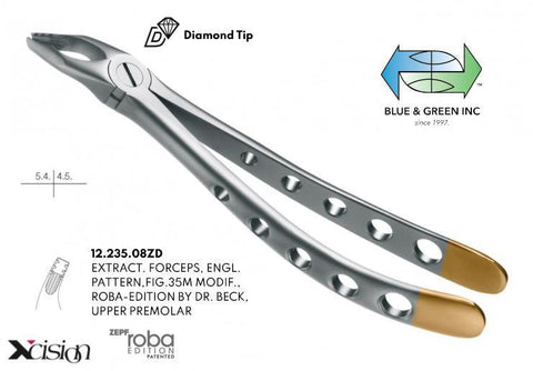 Roba Extraction Forceps, Upper Premolars, Diamond Tip (12.235.08ZD) Forceps - Blue & Green Inc.