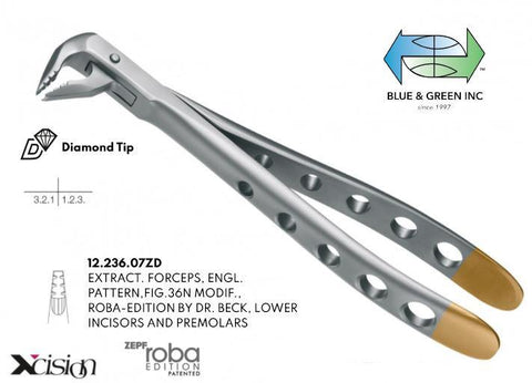 Roba Extraction Forceps, Lower Incisors and Premolars, Diamond Tip (12.236.07ZD) Forceps - Blue & Green Inc.