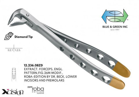 Roba Extraction Forceps, Lower Incisors and Premolars, Diamond Tip (12.236.08ZD) Forceps - Blue & Green Inc.