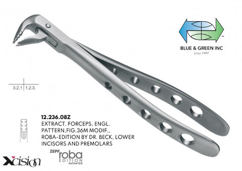 Roba Extraction Forceps, Lower Incisors, Canines and Premolars (12.236.08Z) - Blue & Green Inc.