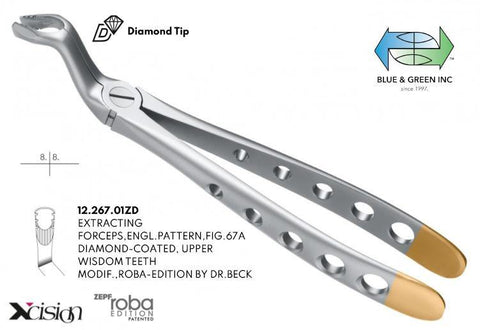 Roba Cowhorn Extraction Forceps, Upper Wisdoms, Diamond Tip (12.267.01ZD) Forceps - Blue & Green Inc.