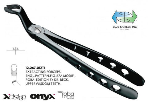 Onyx Roba Cowhorn Extraction Forceps, Upper Wisdoms, Diamond Tip (12.267.01ZTI) Forceps - Blue & Green Inc.