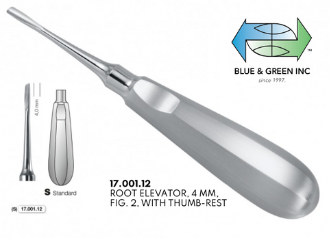 Bein Root Elevator, 4mm with Thumb Rest (17.001.12) Elevator - Blue & Green Inc.