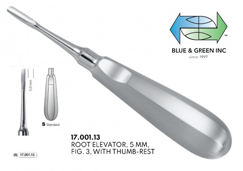 Bein Root Elevator, 5mm with Thumb Rest (17.001.13) Elevator - Blue & Green Inc.