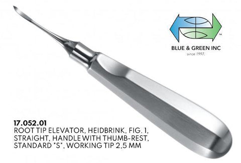 Root Tip Elevator, Straight, Handle with Thumb Rest, 2.5mm (17.052.01) Elevator - Blue & Green Inc.