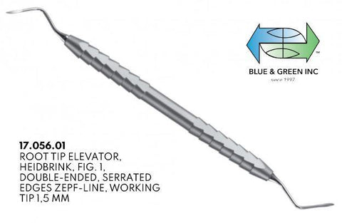 Heidbrink Root Elevator, Double Ended, Serrated 1.5mm (17.056.01) Elevator - Blue & Green Inc.