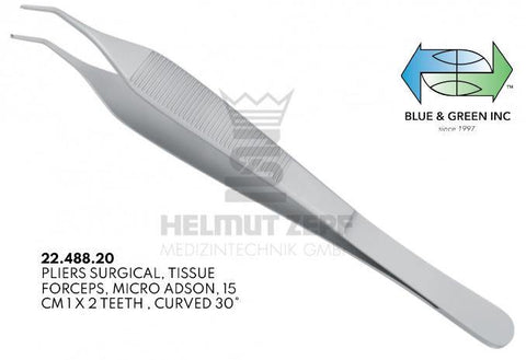 Micro Adson Pliers, 15cm, Curved 30º (22.488.20) Plier - Blue & Green Inc.