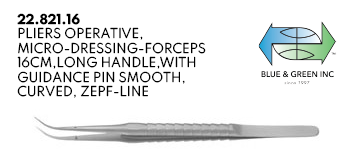Micro-Dressing Forceps, 16cm, Curved, Long Handle, with Guidance Pin (22.821.16 & 22.821.16D & 22.821.16W) Plier - Blue & Green Inc.