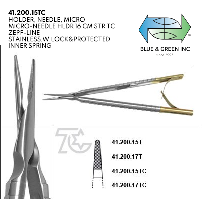 Micro Needle Holder w/ Lock, Straight or Curved (41.200.15TC , 41.201.15TC , 41.200.17TC , 41.201.17TC) Needle Holder - Blue & Green Inc.