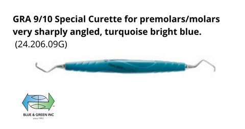 GRA 9/10 Special Curette for premolars/molars very sharply angled, turquoise bright blue.  (24.206.09G)Helmut Zepf