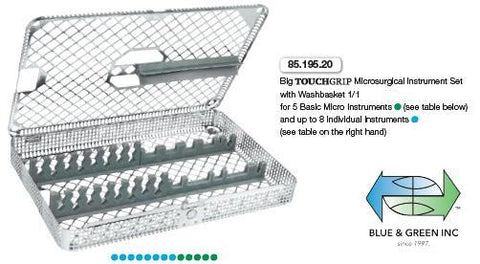 Big Touchgrip Microsurgical Instrument Set with washbasket (85.195.20) Microsurgery Instrument Kit - Blue & Green Inc.
