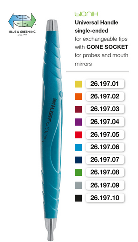 bionik universal handle single-ended for exchangeable tips with Cone Socket for probes and mouth mirrors www.blueandgreeninc.com