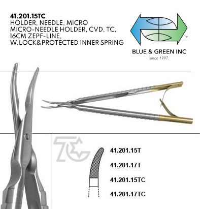 Micro Needle Holder w/ Lock, Straight or Curved (41.200.15TC , 41.201.15TC , 41.200.17TC , 41.201.17TC) Needle Holder - Blue & Green Inc.