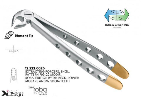 Roba Extracting Forceps, Lower Molars and Wisdom Teeth (12.222.00ZD) Forceps - Blue & Green Inc.