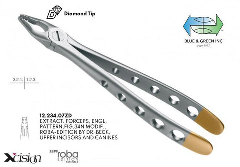 Roba Extraction Forceps, Upper Incisors and Eye Teeth, Diamond Tip (12.234.07ZD) Forceps - Blue & Green Inc.