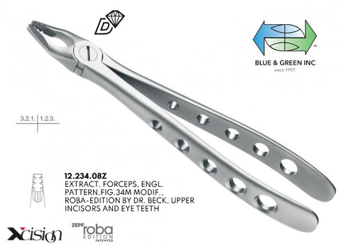 Roba Extraction Forceps, Upper Incisors and Canines (12.234.08Z) - Blue & Green Inc.