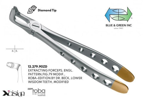 Roba Extraction Forceps, Lower Wisdoms, Diamond Tip (12.279.90ZD) Forceps - Blue & Green Inc.