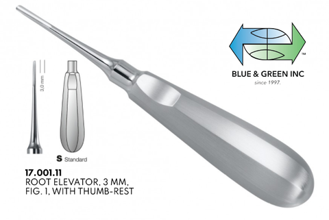 Bein Root Elevator, 3mm with Thumb Rest (17.001.11) Elevator - Blue & Green Inc.
