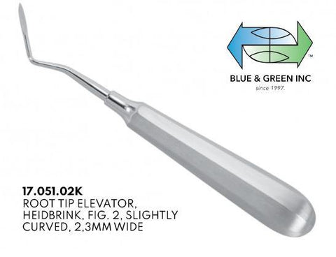 Heidbrink Root Tip Elevator, Slightly Curved 2.3mm (17.051.02K) Elevator - Blue & Green Inc.