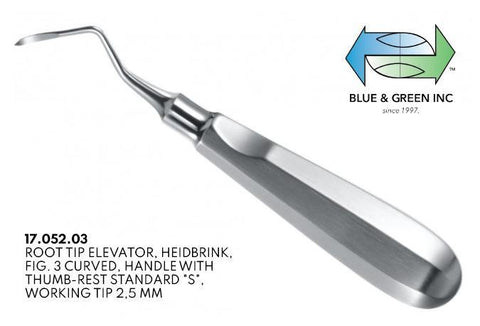 Heidbrink Root Tip Elevator Curved, S Handle, 2.5mm (17.052.03)  - Blue & Green Inc.