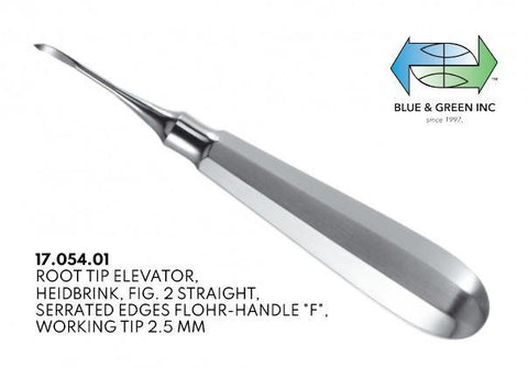 Root Tip Elevator, Straight, Serrated Edges F Handle, 2.5mm (17.054.01) Elevator - Blue & Green Inc.