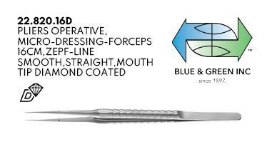 Pliers Operative, Micro-dressing-forceps, 16cm, Straight, Diamond Coated (22.820.16D & 22.820.16W) Forceps - Blue & Green Inc.
