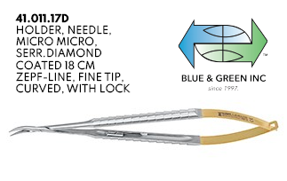 Micro Needle Holder, Serrated,Diamond Coated, Curved with Lock (41.011.17D) Needle Holder - Blue & Green Inc.