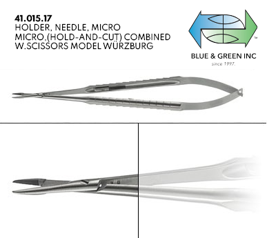 Wurzburg Micro Needleholder w/ TC Scissors (41.015.17) Needle Holder - Blue & Green Inc.