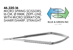 Micro Spring Scissors, 16cm, Micro serration, Straight (46.320.16) Scissors - Blue & Green Inc.