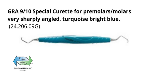 GRA 9/10 Special Curette for premolars/molars very sharply angled, turquoise bright blue. &nbsp;(24.206.09G)Helmut Zepf