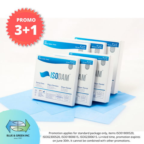 Dental dam  Isodam 5&rdquo;x 5&rdquo; Economy Package, 100 sheets (127cm x 127cm) (ISO01800510 and ISO02300510)Blue &amp; Green Inc.