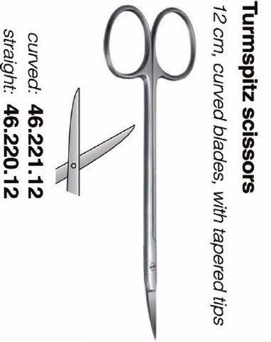 Turmspitz Scissors 12cm, Curved or Straight, tapered tips (46.221.12 & 46.220.12) - Blue & Green Inc.